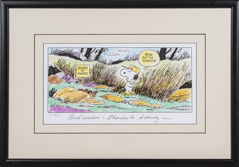 Charles Schulz Signed & "Best Wishes" Inscribed "Bring Out The Mongoose" Peanuts Litho In 26.5 x 18.5 Framed Display #PP 45/50 (Beckett)